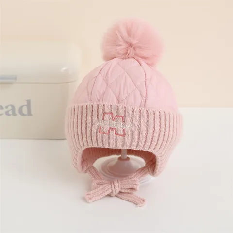 Gorro de Punto de Invierno para Niños Con Protección para Los Oídos Y Pompones de Piel Sintética Acolchado Cálido