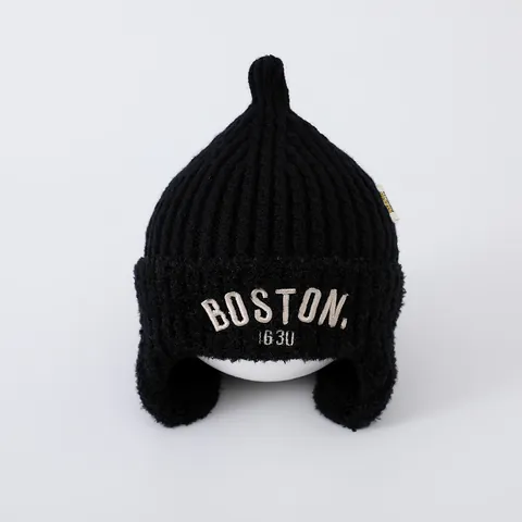 Kids Warm Knit Earflap Beanie Hat Winter Polyester Alpaca Blend Boston Embroidery Elf Style Cone Top Thermal Hat For Children