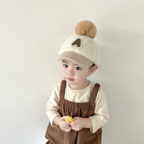 Kleinkind Winter Bommel Mütze Baby Jungen Mädchen Warm Polarfleece Cord Baseballkappe Buchstabe A Lächeln Stickerei