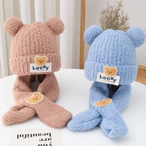 Children Winter Hat And Scarf Lucky Bear Ear Flap Knit Beanie Neck Warmer Outdoor Warm Fleece Lining Accessory For Boys Girls