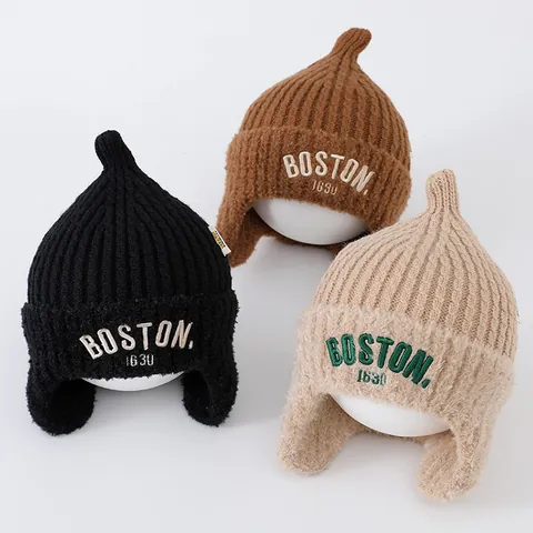 Kids Warm Knit Earflap Beanie Hat Winter Polyester Alpaca Blend Boston Embroidery Elf Style Cone Top Thermal Hat For Children