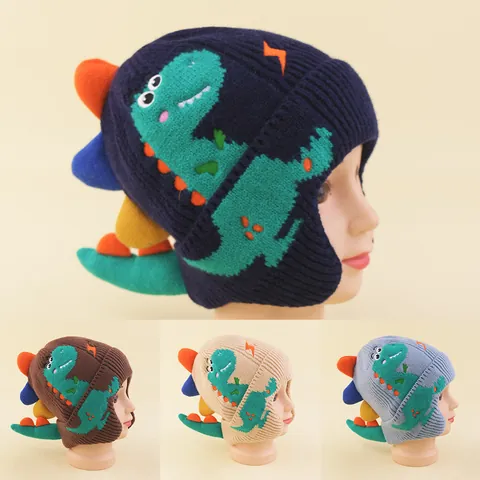 Cute Cartoon Dinosaur Children's Knitted Hat With 3D Fins Warm Acrylic Winter Ear Flap Beanie For Kids Boys Girls