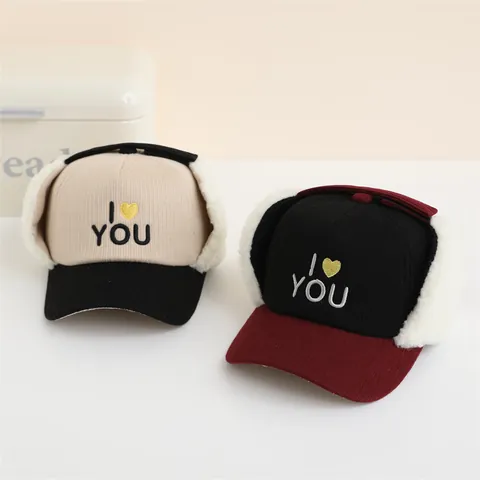 Children Winter Warm Trapper Hat Windproof Corduroy Faux Fur Ear Flap Cap Heart Embroidery I Love You Baseball Hat Kids