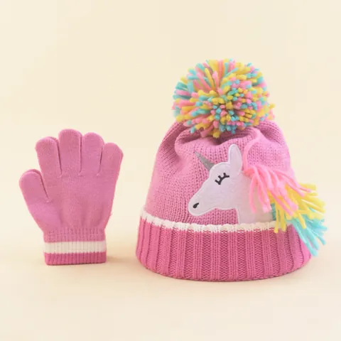 Kids Winter Knit Hat And Gloves Cartoon Unicorn Warm Acrylic Beanie With Pom Pom For Toddler Girls