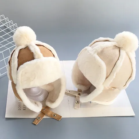 Winter Warme Kinder Uschanka Wildlederimitat Mit Fleece Gefüttert Ohrenschutz Mütze Mit Pelzball Kleinkind Baby Winddichte Trappermütze
