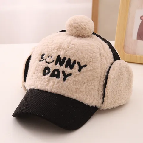 Kids Winter Ear Protection Warm Baseball Cap Lamb Wool Fleece Pom Pom Hat Sunny Day Embroidery For Boys Girls