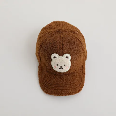 Berretto da Baseball in Lana di Agnello per Bambini Toppa Orso Cartone Animato Cappello Invernale Caldo Ragazzi Ragazze Morbido Peluche Snapback