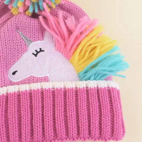 Kids Winter Knit Hat And Gloves Cartoon Unicorn Warm Acrylic Beanie With Pom Pom For Toddler Girls