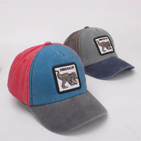 Kids Retro Color Block Baseball Cap Dinosaur Truck Embroidery Patch Washed Cotton Sun Hat For Boys Girls Adjustable