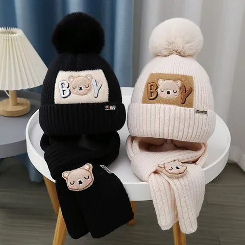 Kids Winter Knit Hat And Scarf Set Cartoon Bear Pom Pom Beanie Neck Warmer For Boys Girls 3-10 Years Outdoor Accessories