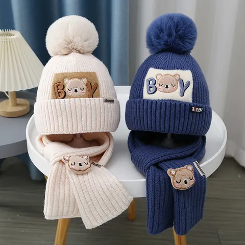 Kids Winter Knit Hat And Scarf Set Cartoon Bear Pom Pom Beanie Neck Warmer For Boys Girls 3-10 Years Outdoor Accessories