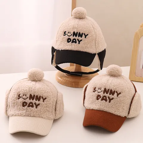 Kids Winter Ear Protection Warm Baseball Cap Lamb Wool Fleece Pom Pom Hat Sunny Day Embroidery For Boys Girls