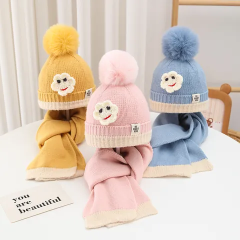 Kinder Winter Strickmütze Schal Set Mit Bommel Smiley Blume Patch Warm Outdoor Winddicht Beanie Schal Zweiteiliges Set