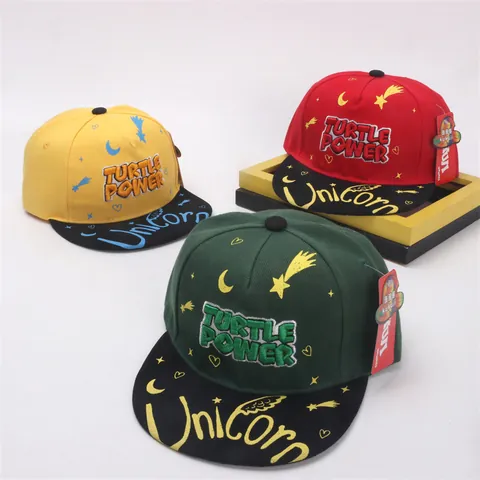Kids Flat Brim Snapback Baseball Cap Cotton Blend Turtle Power Embroidery Unicorn Print Adjustable Sun Hat For Boys Girls