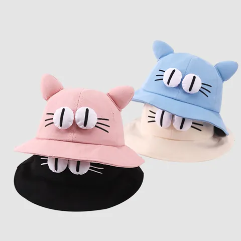 Cute 3D Cat Ear Kids Bucket Hat Cartoon Cat Face Sun Protection Fisherman Cap Cotton Polyester Outdoor Hat For Boys Girls