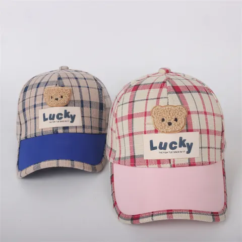 Kids Plaid Baseball Cap Lucky Bear Patch Cotton Adjustable Sun Hat For Boys Girls Toddler Outdoor Breathable Casual Hat