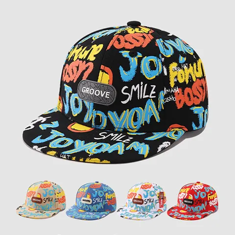 Berretto da Baseball a Tesa Piatta con Stampa Alfabeto Graffiti per Bambini Stile Hip Hop Street Regolabile Protezione Solare