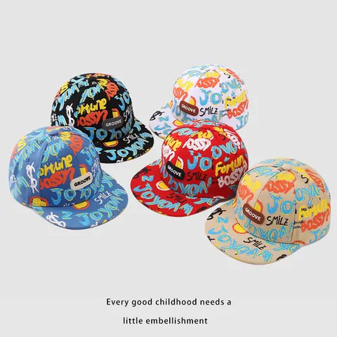 Berretto da Baseball a Tesa Piatta con Stampa Alfabeto Graffiti per Bambini Stile Hip Hop Street Regolabile Protezione Solare