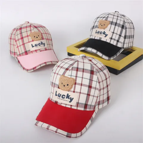 Kids Plaid Baseball Cap Lucky Bear Patch Cotton Adjustable Sun Hat For Boys Girls Toddler Outdoor Breathable Casual Hat