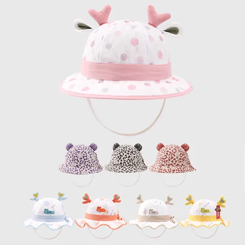 Cappello da Sole a Secchiello per Bambini con Corna Orecchie Cotone Cartone Animato Pois Estate Spiaggia Pescatore