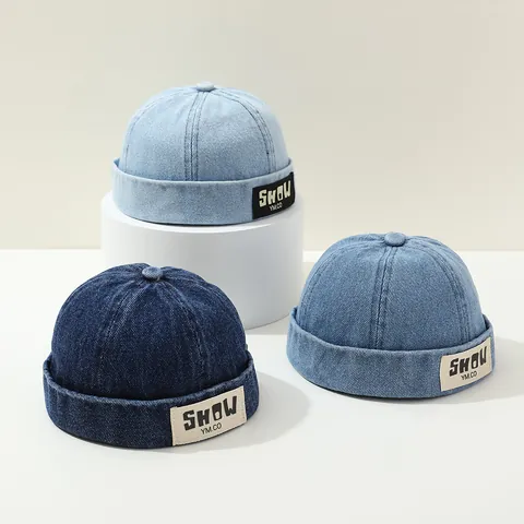 Kinder Retro Denim Docker Mütze Randlos Miki Kappe Mit Buchstaben Aufnäher Für Jungen Mädchen Verstellbare Baumwollmischung Hut