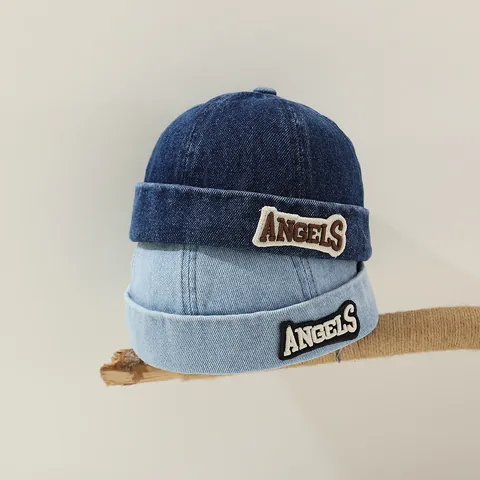 Kinder Retro Denim Docker Mütze Randlos Miki Kappe Mit Buchstaben Aufnäher Für Jungen Mädchen Verstellbare Baumwollmischung Hut