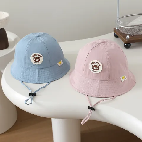 Kids Toddler Bucket Hat Cotton Blend Sun Protection Cap With Adjustable Windproof String Cartoon Bear Embroidery Outdoor Hat