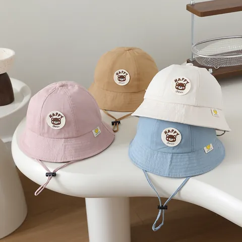 Kids Toddler Bucket Hat Cotton Blend Sun Protection Cap With Adjustable Windproof String Cartoon Bear Embroidery Outdoor Hat