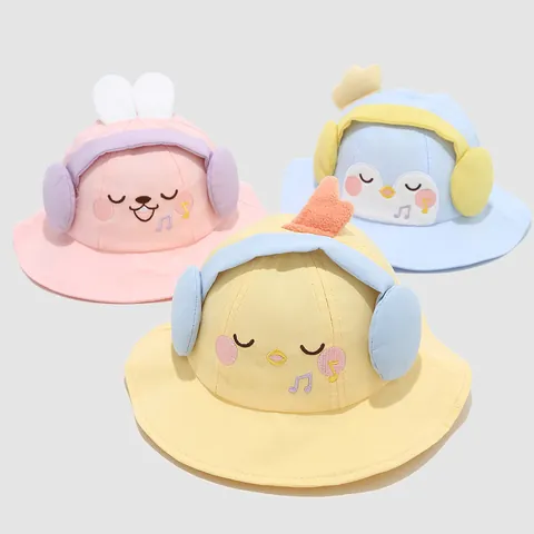 Cute Kids Cartoon Animal Fisherman Hat With 3D Ears Adjustable Windproof Strap Cotton Toddler Sun Protection Bucket Hat