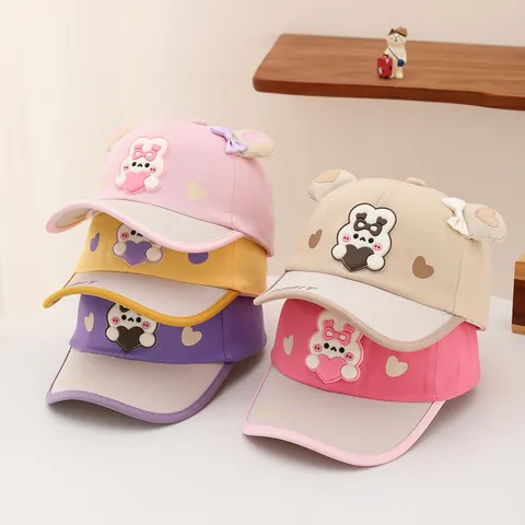 Kids Cartoon Rabbit Baseball Cap 3D Ears Bow Cotton Blend Sun Protection Adjustable Peaked Hat For Toddlers Boys Girls