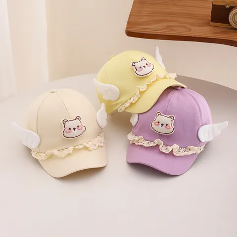 Cute Kids Baseball Cap With Bear Embroidery 3D Wings Lace Trim Cotton Sun Hat For Toddler Boys Girls Outdoor Baseball Hat