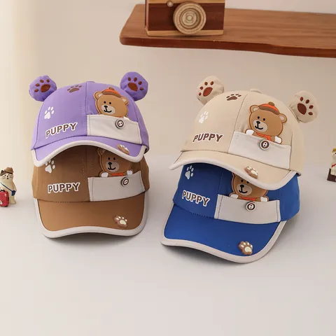 Kids Cartoon Bear Baseball Cap With Ears Puppy Letter Print Sun Protection Summer Outdoor Hat For Toddler Boys Girls