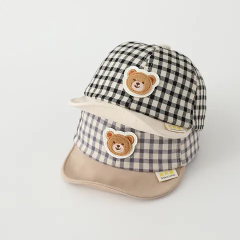 Toddler Kids Gingham Baseball Cap Cotton Breathable Sun Protection Cute Bear Letter R Patch Casual Korean Style Boys Girls Hat