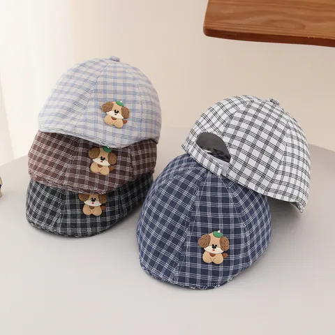 Cute Baby Cartoon Plaid Beret Hat For Toddler Boys Girls Cotton Blend Duckbill Cap With 3D Puppy Bear Patch Outdoor Sun Shade Flat Cap