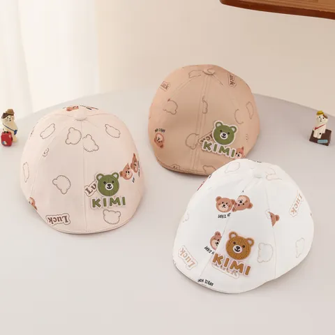 Béret de Bébé avec Ours de Dessin Animé Casquette à Bec de Canard en Coton Ajustable pour Tout-petits