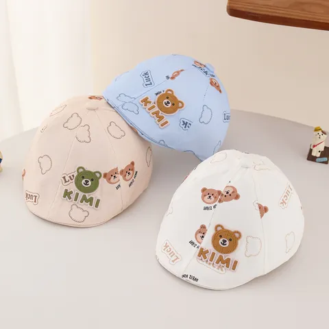 Béret de Bébé avec Ours de Dessin Animé Casquette à Bec de Canard en Coton Ajustable pour Tout-petits