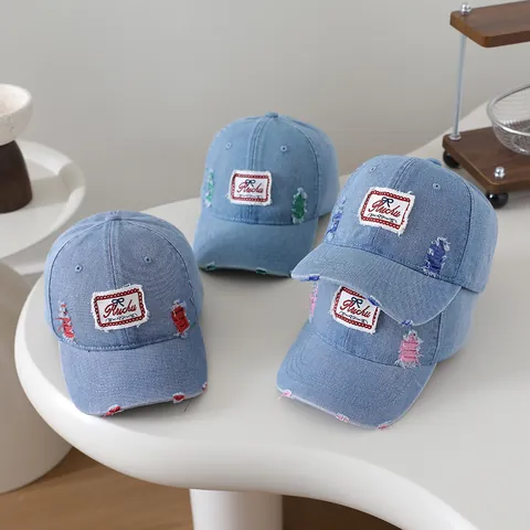 Vintage Distressed Denim Honkbalpet voor Kinderen Gewassen Gescheurde Geborduurde Patch Zonnehoed Jongens Meisjes Pet