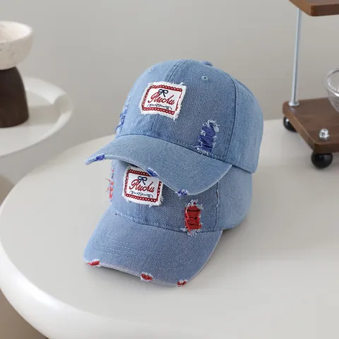 Vintage Distressed Denim Honkbalpet voor Kinderen Gewassen Gescheurde Geborduurde Patch Zonnehoed Jongens Meisjes Pet