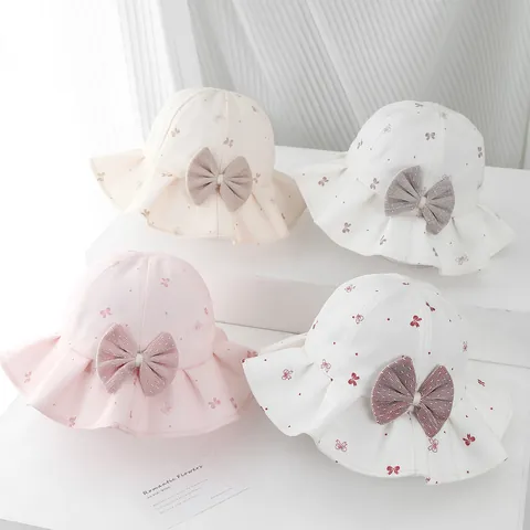 Kids Girls Summer Sun Hat Cotton Polyester Wide Brim Bucket Hat With Mesh Bow Decoration Floral Pattern Sun Protection Hat