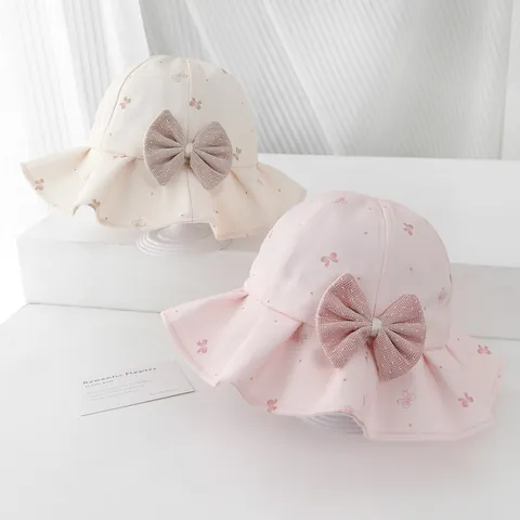 Kids Girls Summer Sun Hat Cotton Polyester Wide Brim Bucket Hat With Mesh Bow Decoration Floral Pattern Sun Protection Hat