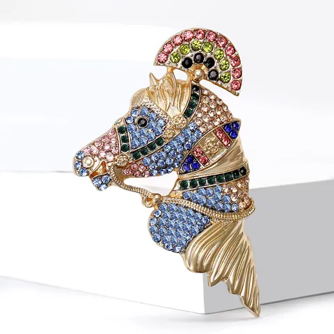 Broche en Alliage Vintage Tête de Cheval avec Strass Cristal Coloré Animal Corsage Bijoux Élégants Cadeau pour Femme