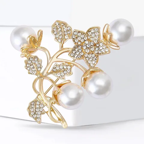 Elegante Broche de Hoja de Flor para Mujer de Aleación con Diamantes de Imitación y Perla Artificial Pin para Trajes Vestidos Accesorio Vintage de Lujo