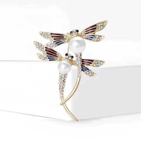 Elegant Alloy Enamel Double Dragonfly Brooch For Women Rhinestone Faux Artificial Pearl Inlaid Fashion Clothing Brooches Accessories Jewelry Gift