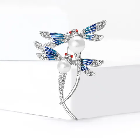 Elegant Alloy Enamel Double Dragonfly Brooch For Women Rhinestone Faux Artificial Pearl Inlaid Fashion Clothing Brooches Accessories Jewelry Gift