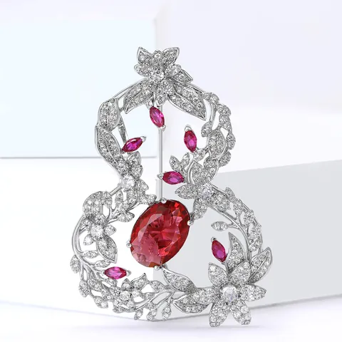 Elegant Copper Zirconia Hulu Gourd Brooch Pin For Women New Chinese Style Luxury Hollow Flower Brooch Vintage Jewelry Gift