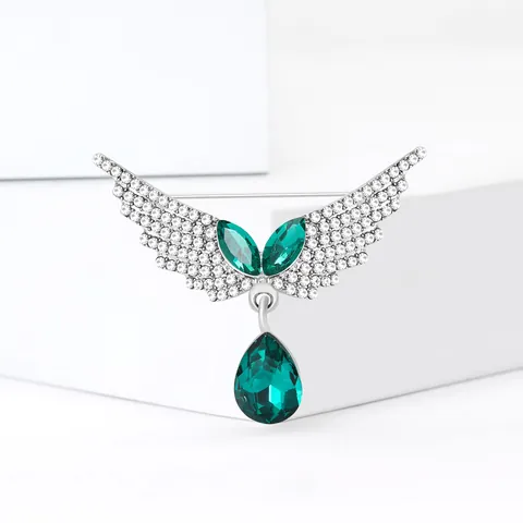 Elegante Broche de Alas de Ángel de Aleación con Strass y Colgante de Gota de Agua Alfiler de Traje de Lujo para Mujer Banquete Boda Joyería