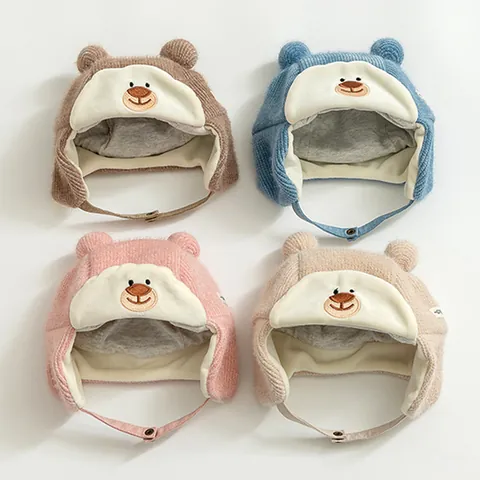 Cappello Invernale per Neonati Berretto con Orecchie di Orso Antivento Foderato in Peluche Caldo per Bambini e Bambine