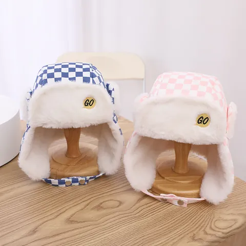 Kinder Schachbrettmuster Lei Feng Hut Mit Kunstfell Gefüttert Winter Fliegermütze Ohrenklappenhut Warm Winddicht Outdoor Kappe Für Jungen Mädchen