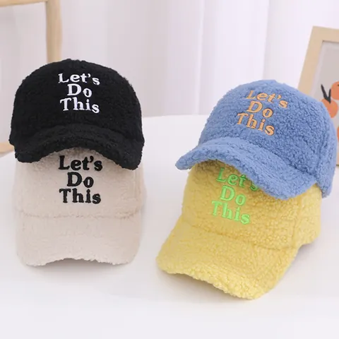 Kids Polar Fleece Baseball Cap Autumn Winter Warm Letter Embroidery Adjustable Duck Tongue Hat For Boys Girls Toddler