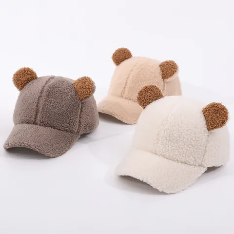 Kids Winter Teddy Fleece Baseball Cap With Bear Ears Warm Cartoon Polar Fleece Snapback Hat For Toddler Boys Girls